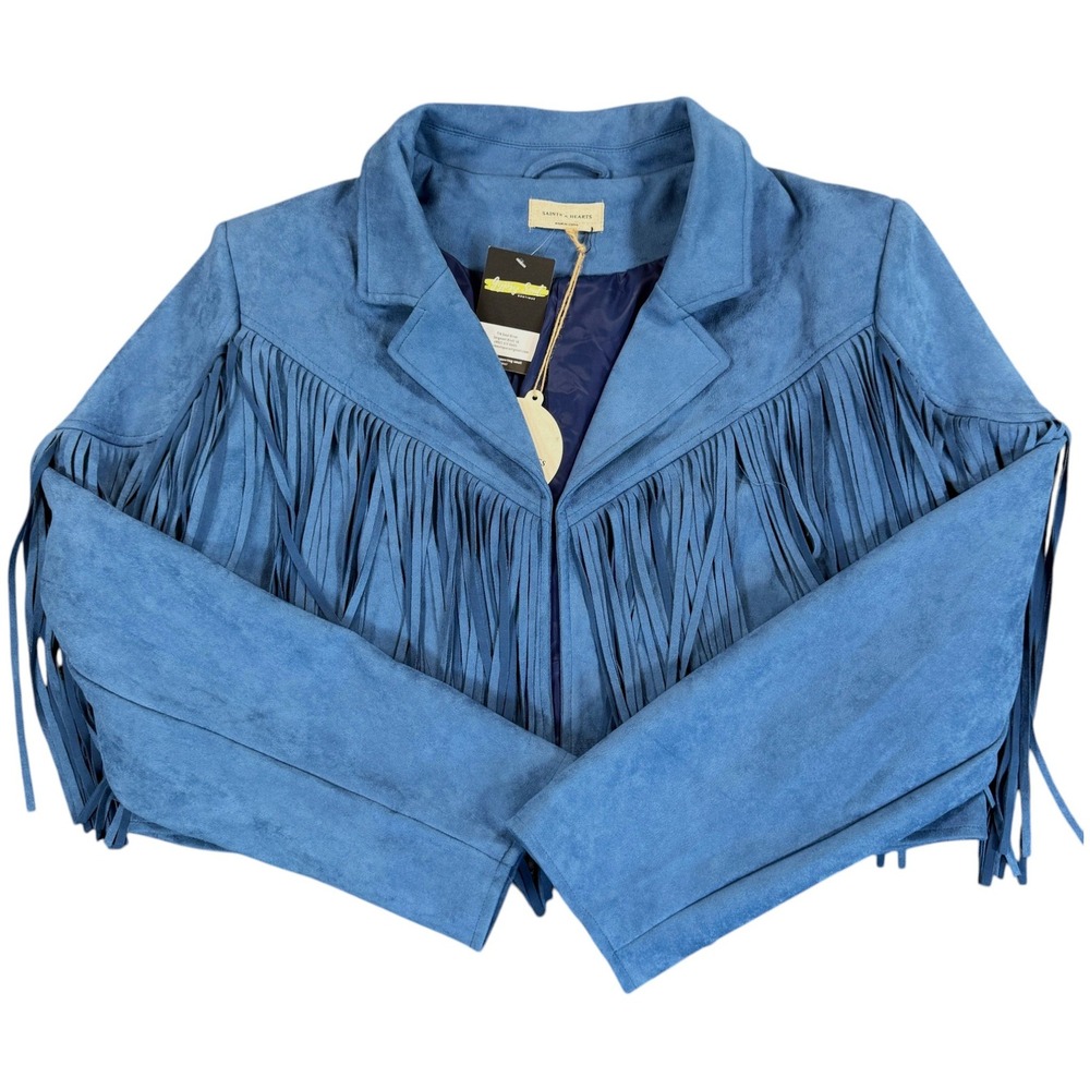 SAINTS & HEARTS Curvy Fringe Suede Jacket Womens 1X Blue Cropped Western Boho - Picture 3 of 10